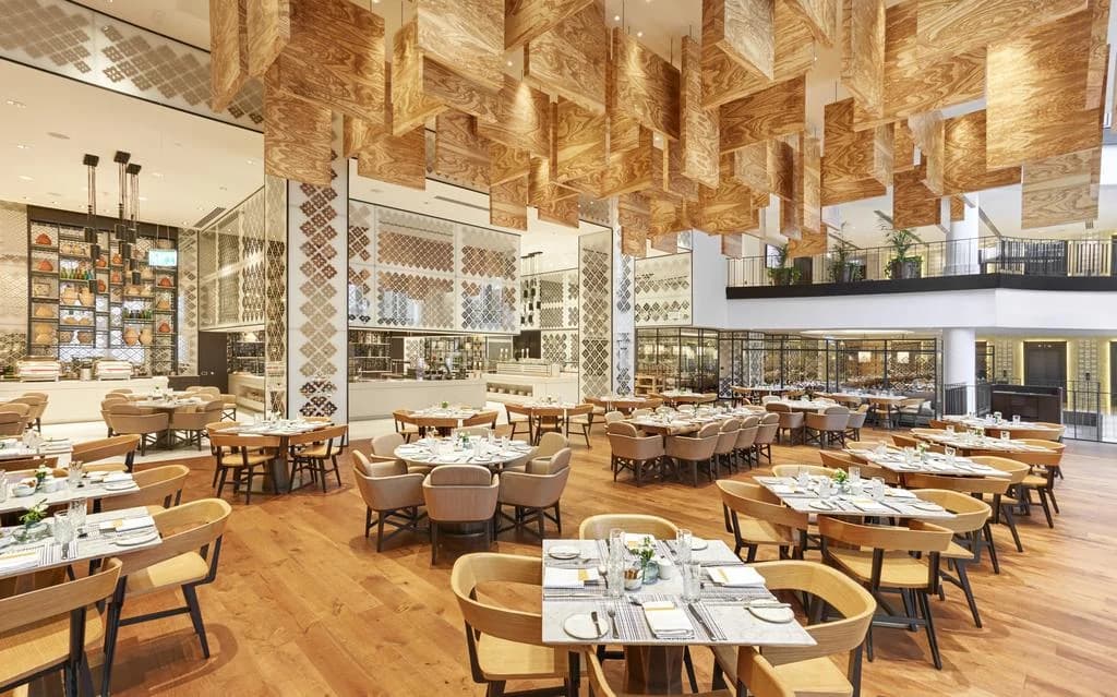 Restaurant interior with patterned partitions