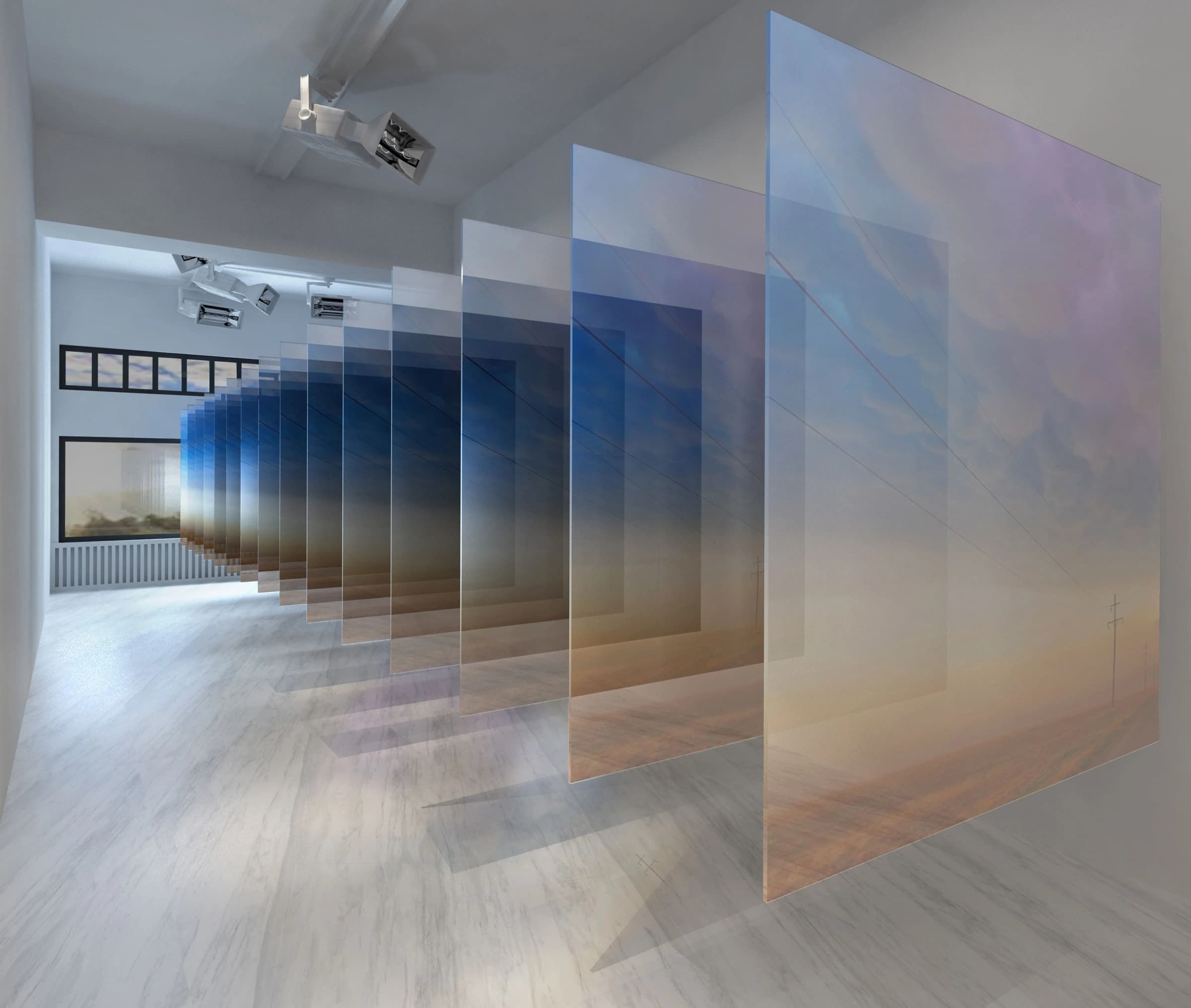 Translucent glass panels create a layered perspective in a quiet exhibition space